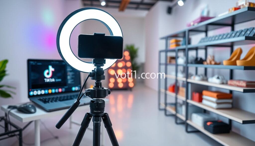 A well-organized TikTok live shopping equipment setup in a bright, modern studio environment. In the foreground, a sleek smartphone on a tripod, surrounded by a ring light casting even illumination. To the left, a laptop displaying the TikTok interface, and to the right, stylish shelving with neatly arranged products ready for sale. In the background, soft-focus colorful lights create an inviting atmosphere, enhancing the excitement of live shopping. The scene hints at a professional setting, with minimal clutter emphasizing focus on the equipment. The image conveys a sense of readiness and professionalism, encouraging viewers to engage in TikTok live shopping. Include the brand name "voti1.com" subtly within the setup, ensuring a clean and engaging composition. A well-organized TikTok live shopping equipment setup in a bright, modern studio environment. In the foreground, a sleek smartphone on a tripod, surrounded by a ring light casting even illumination. To the left, a laptop displaying the TikTok interface, and to the right, stylish shelving with neatly arranged products ready for sale. In the background, soft-focus colorful lights create an inviting atmosphere, enhancing the excitement of live shopping. The scene hints at a professional setting, with minimal clutter emphasizing focus on the equipment. The image conveys a sense of readiness and professionalism, encouraging viewers to engage in TikTok live shopping. Include the brand name "voti1.com" subtly within the setup, ensuring a clean and engaging composition.