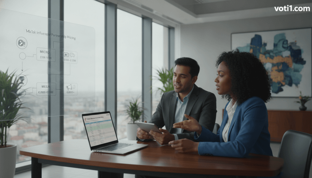 An elegant workspace featuring a stylish desk with a laptop open to a TikTok influencer partnership pricing spreadsheet on the screen. In the foreground, a diverse group of two professionals, one male and one female, are discussing strategies, both dressed in smart business attire. The middle ground showcases a modern chart with clear visuals representing various pricing tiers for influencer partnerships, along with icons representing different types of content. The background displays a bright office with large windows allowing natural light to filter in, creating a vibrant atmosphere that symbolizes innovation and growth. The overall mood is professional and engaging, conveying the dynamic world of TikTok influencer marketing, with a subtle branding logo of "voti1.com" visible on the laptop screen. An elegant workspace featuring a stylish desk with a laptop open to a TikTok influencer partnership pricing spreadsheet on the screen. In the foreground, a diverse group of two professionals, one male and one female, are discussing strategies, both dressed in smart business attire. The middle ground showcases a modern chart with clear visuals representing various pricing tiers for influencer partnerships, along with icons representing different types of content. The background displays a bright office with large windows allowing natural light to filter in, creating a vibrant atmosphere that symbolizes innovation and growth. The overall mood is professional and engaging, conveying the dynamic world of TikTok influencer marketing, with a subtle branding logo of "voti1.com" visible on the laptop screen.