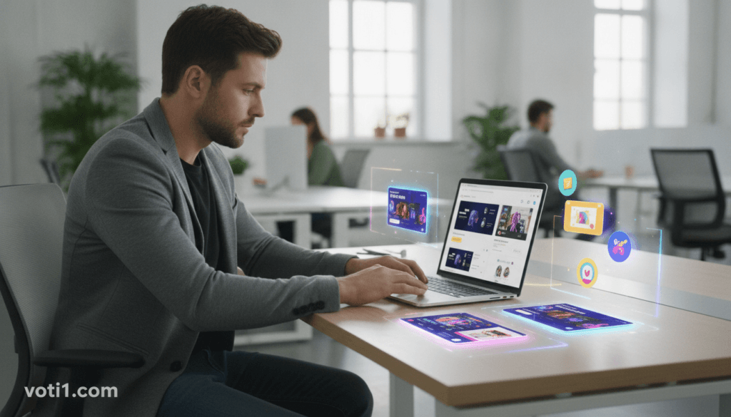 An engaging digital workspace showcasing TikTok Spark Ads formats. In the foreground, a professional individual in smart casual attire is interacting with a sleek laptop displaying TikTok ad examples on the screen. The middle layer reveals a colorful layout of various ad formats like in-feed ads and branded hashtags, artistically arranged around the laptop, emphasizing creativity and engagement. The background features a bright, modern office with soft natural lighting, large windows, and plants, creating an inviting atmosphere. The overall mood is dynamic and innovative, reflecting the vibrant spirit of TikTok marketing. Ensure the brand "voti1.com" is subtly integrated into the scene, and the composition is realistic with a shallow depth of field to enhance focus on the ad formats.