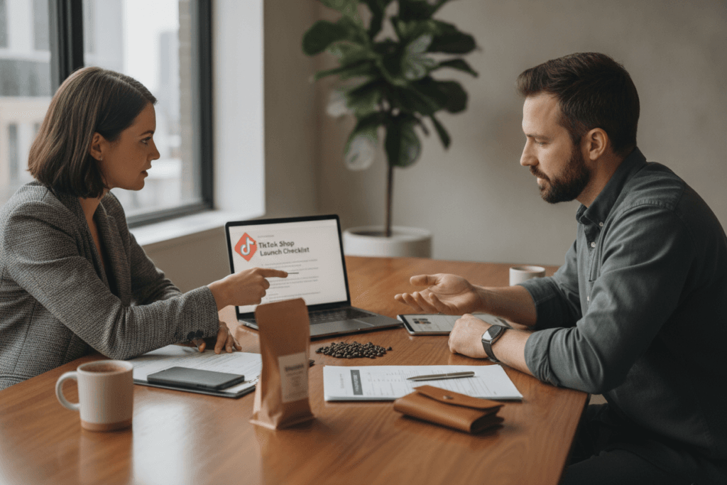 Consultant helping a business owner configure TikTok Shop Consultant helping a business owner configure TikTok Shop