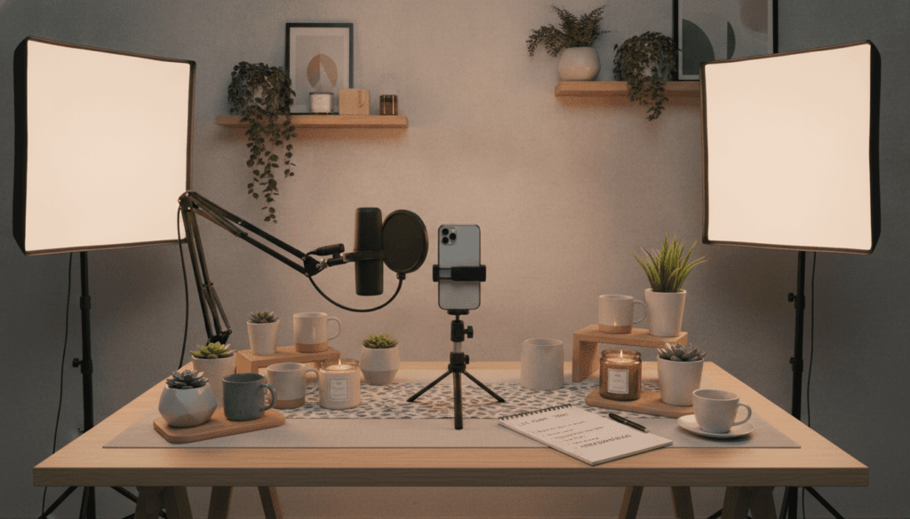 TikTok LIVE shopping setup with products and lighting TikTok LIVE shopping setup with products and lighting